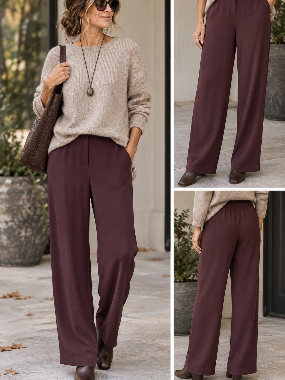 Eileen Fisher 100% Silk Pants M Burgundy Plum Wide Leg Front Zip Trouser Luxury